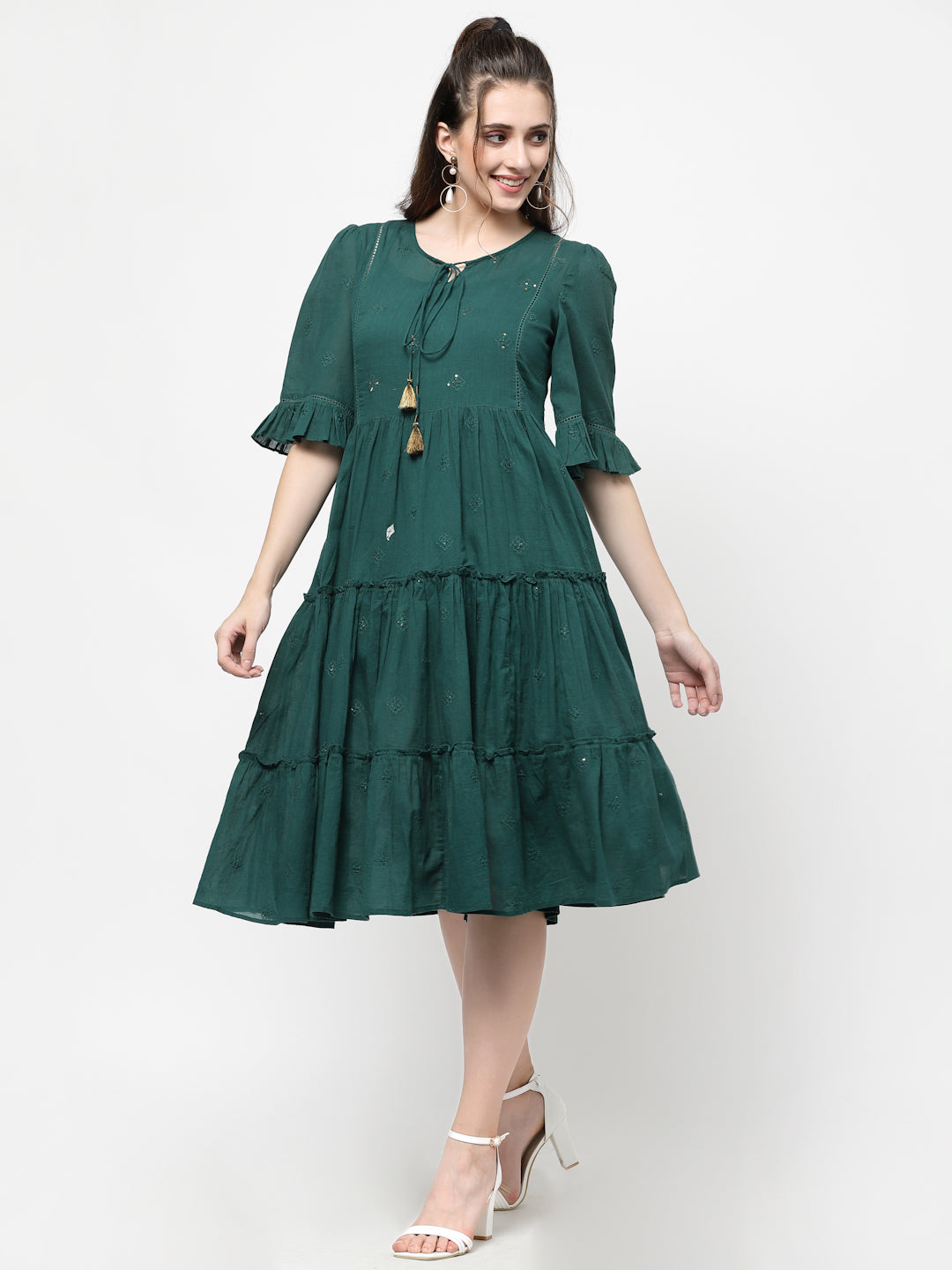 Terquois Embroidered Woven Dress with Lace,Tie-Up neck and Fashion sleeves Dresses TERQUOIS   