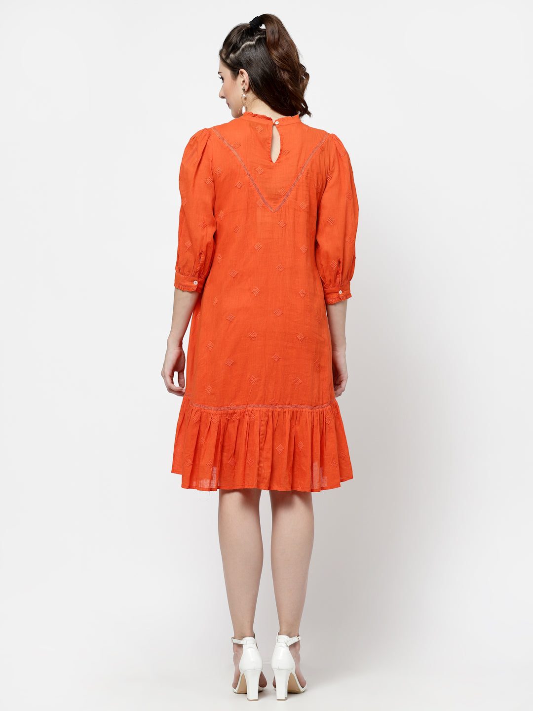 Terquois Stylish A-line Casual Dress Emblished with Lace and Has Ruffle Round Neck Dresses TERQUOIS   