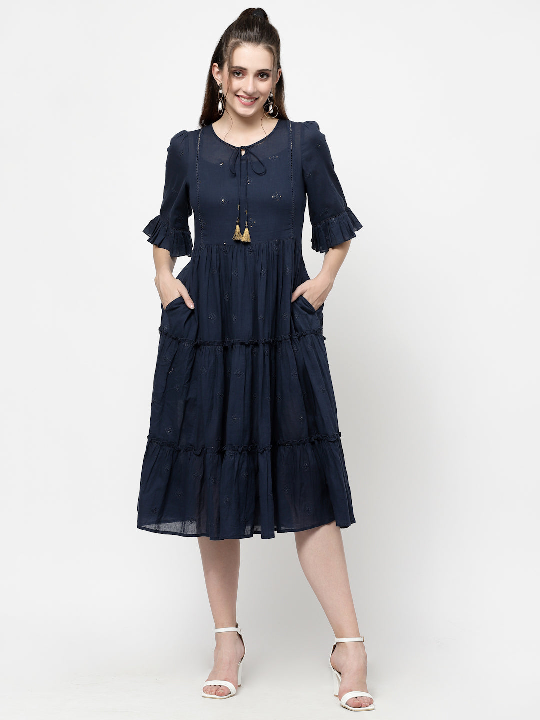 Terquois Embroidered Woven Dress with Lace,Tie-Up neck and Fashion sleeves Dresses TERQUOIS   