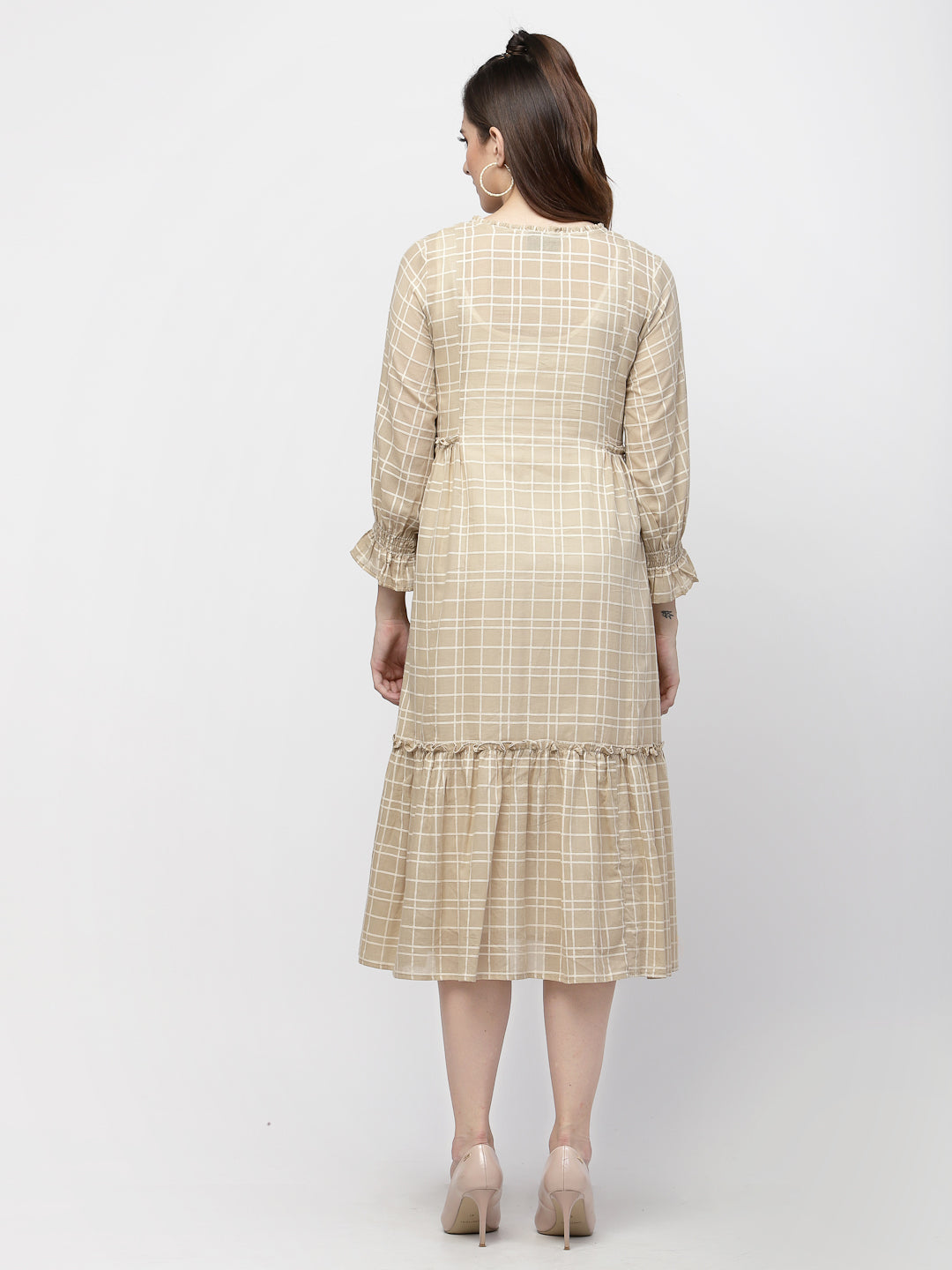 Terquois Self Design Beige Checkered Casual Dress with Ruffle Tie-up Neck Dresses TERQUOIS   