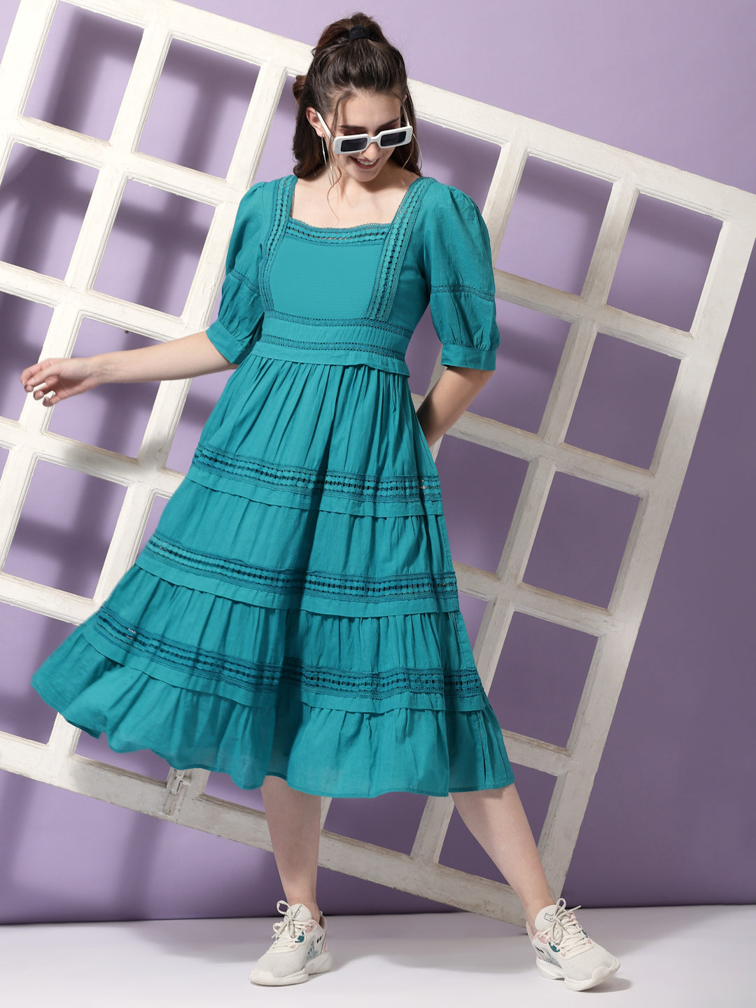 Terquois Self-Design Casual Dress with Antique Lace Dresses TERQUOIS S Green 