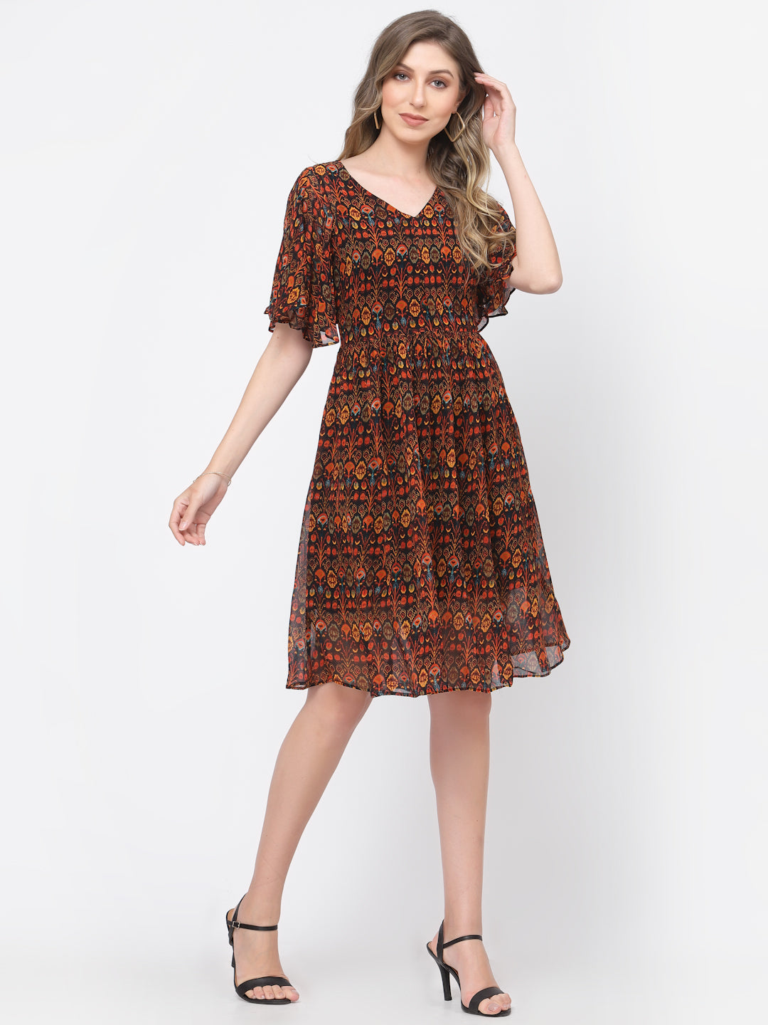 Terquois Multi-Color Printed Georgette casual dress with V-Neck Dresses TERQUOIS   