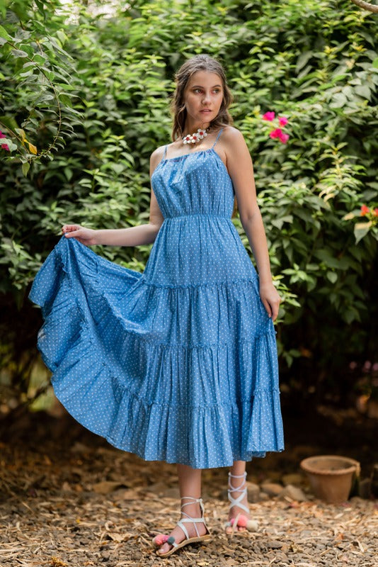 Terquois Blue Polka Dots Spaghetti Dress Dresses Terquois Klothing   