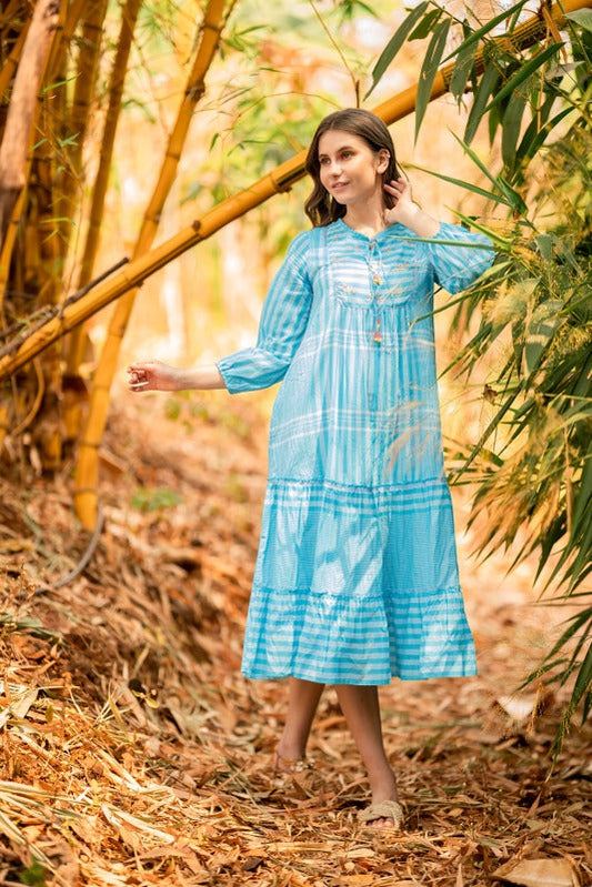 Terquois Blue Color Yarn Dyed Stripes Cotton with hand embroidery Dress Dresses Terquois Klothing   