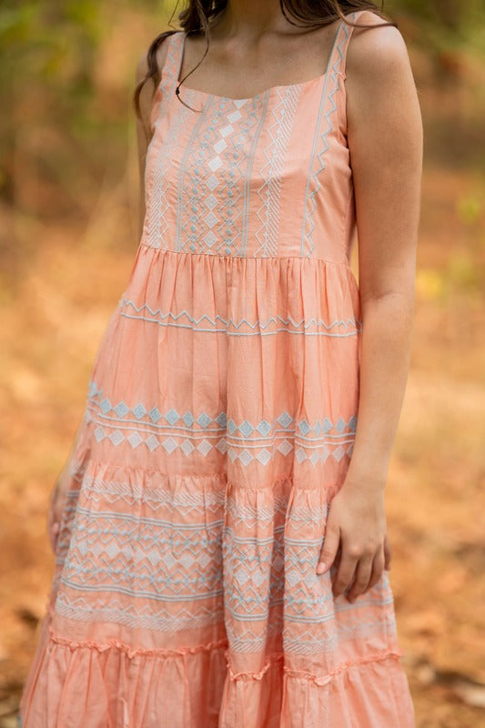 Terquois Pure Cotton Embroidered Tiered Dress Dresses Terquois Klothing M Peach Spaghetti