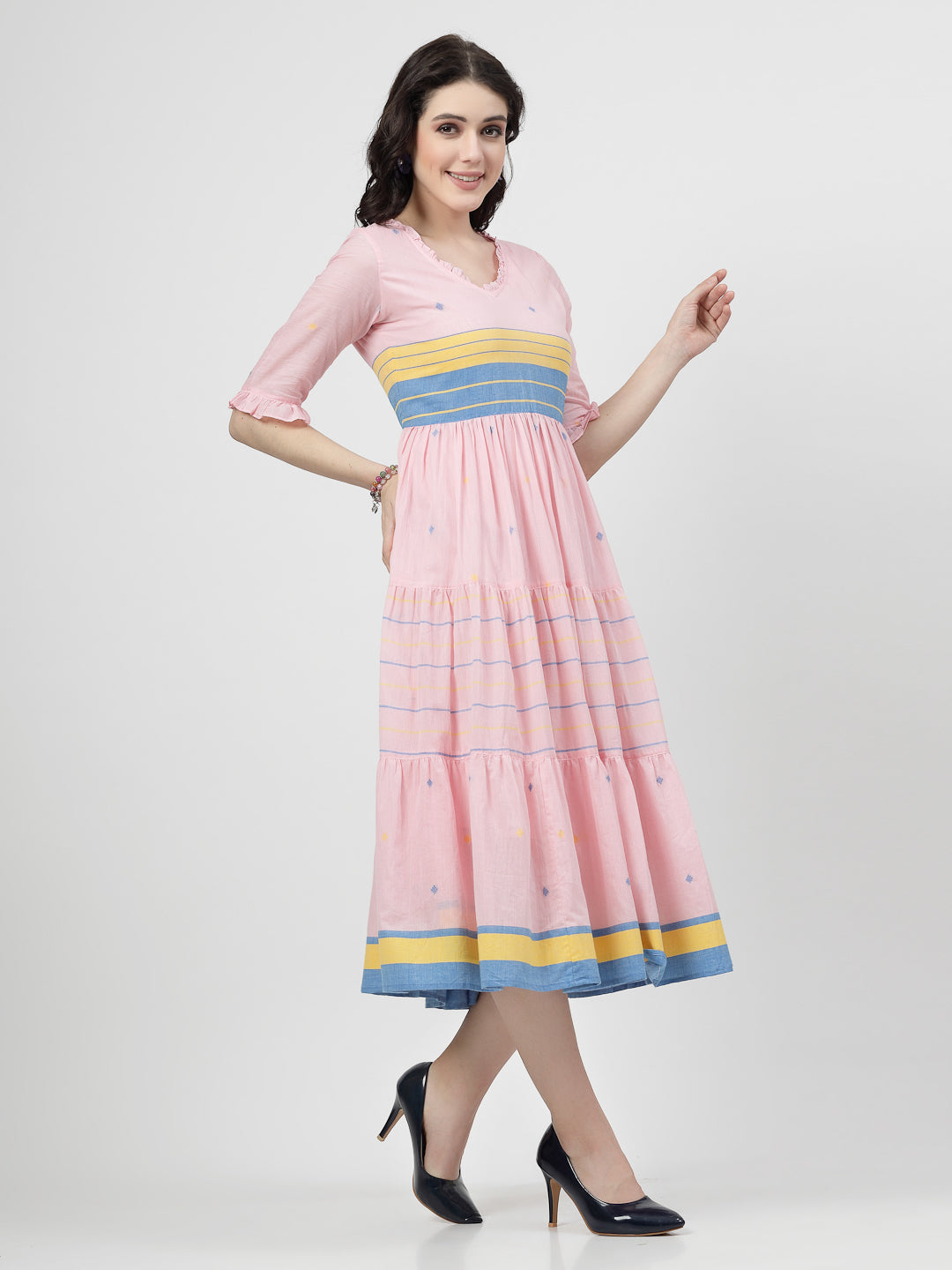Terquois Yarn Dyed Mulmul Cotton Pink Dress Dresses Terquois Klothing   