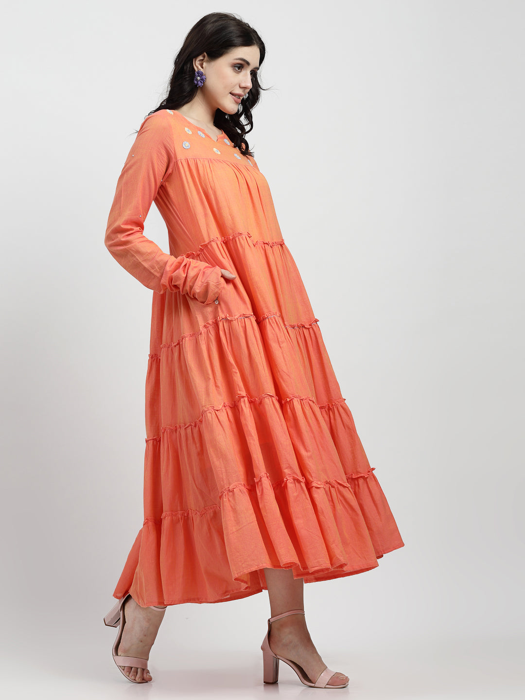 Terquois Fresh Orange Yarn Dyed Mulmul  Tiered Dress Dresses TERQUOIS   