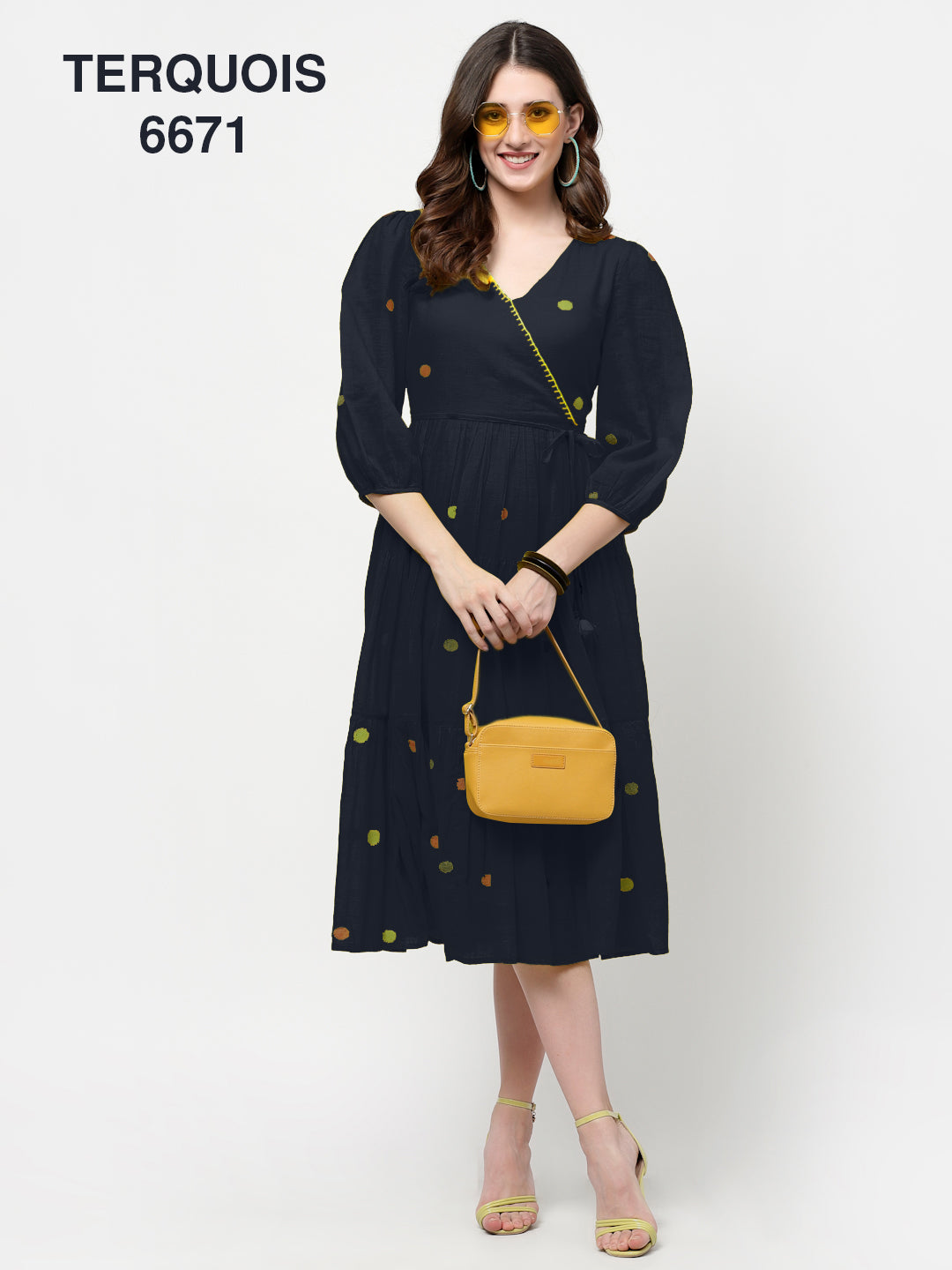 Terquois Polka Design Yellow Casual Dress with V-Neck,Gathers and Fashion Sleeves Dresses TERQUOIS   