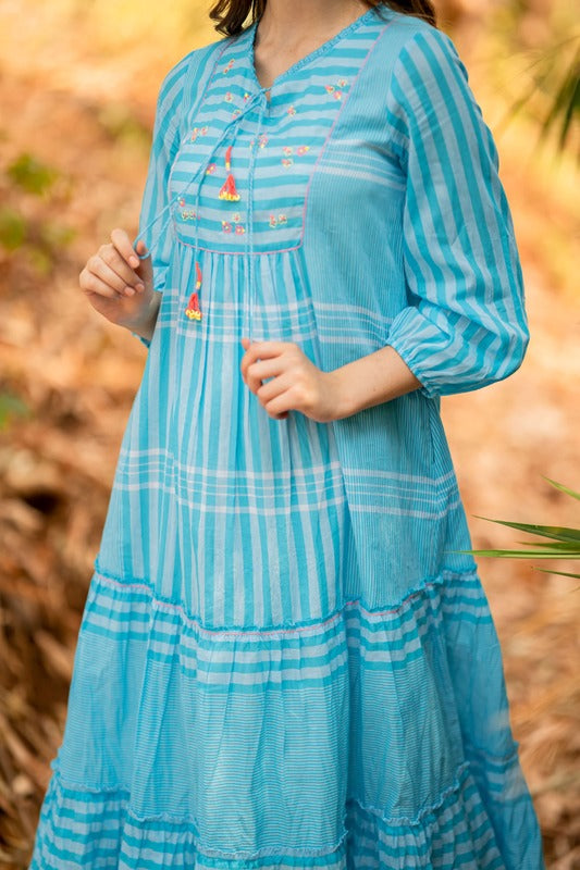 Terquois Blue Color Yarn Dyed Stripes Cotton with hand embroidery Dress Dresses Terquois Klothing   