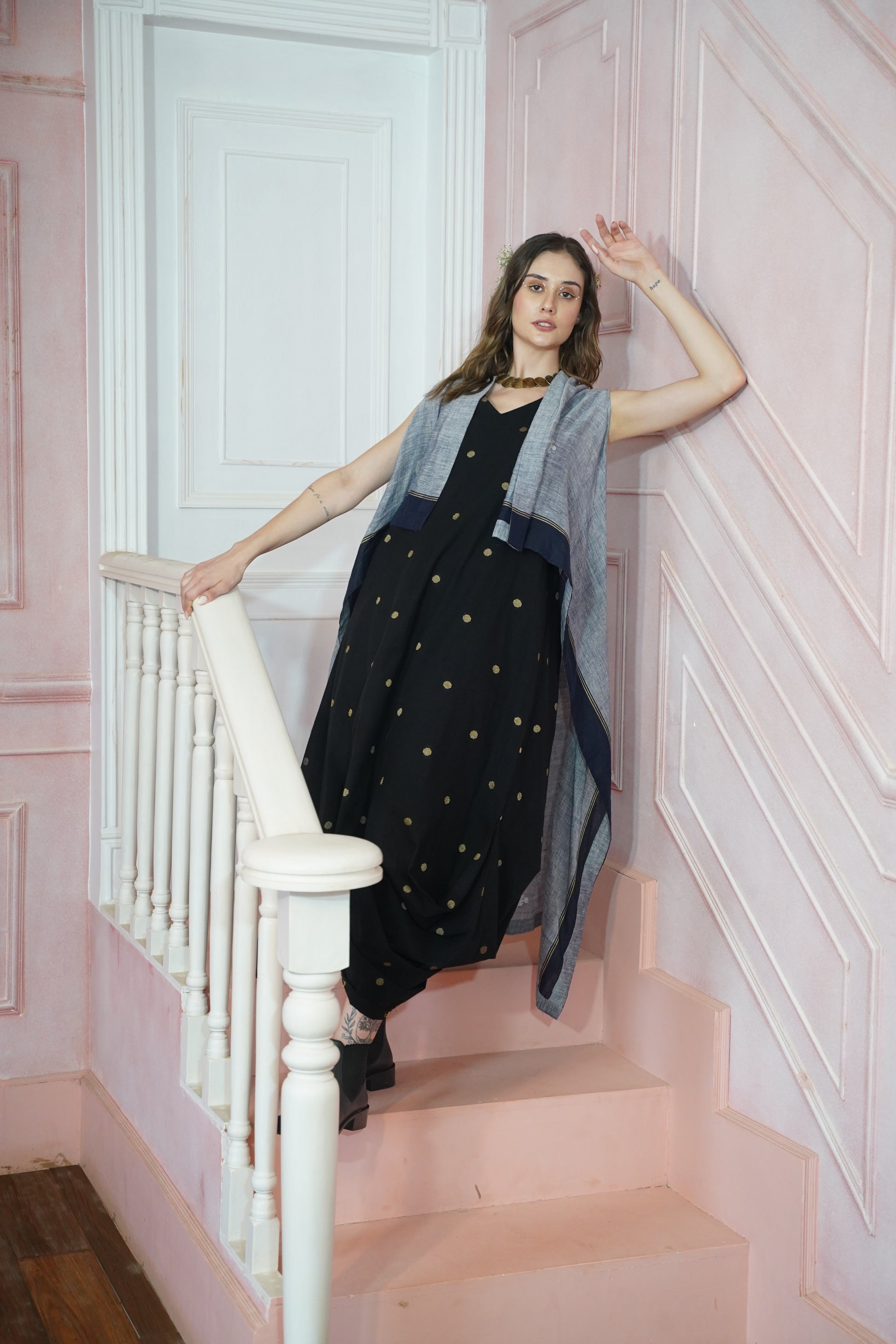 Terquois Navy Blue Polka Dot  with Grey LInen Jacket  Dress  Terquois Klothing   