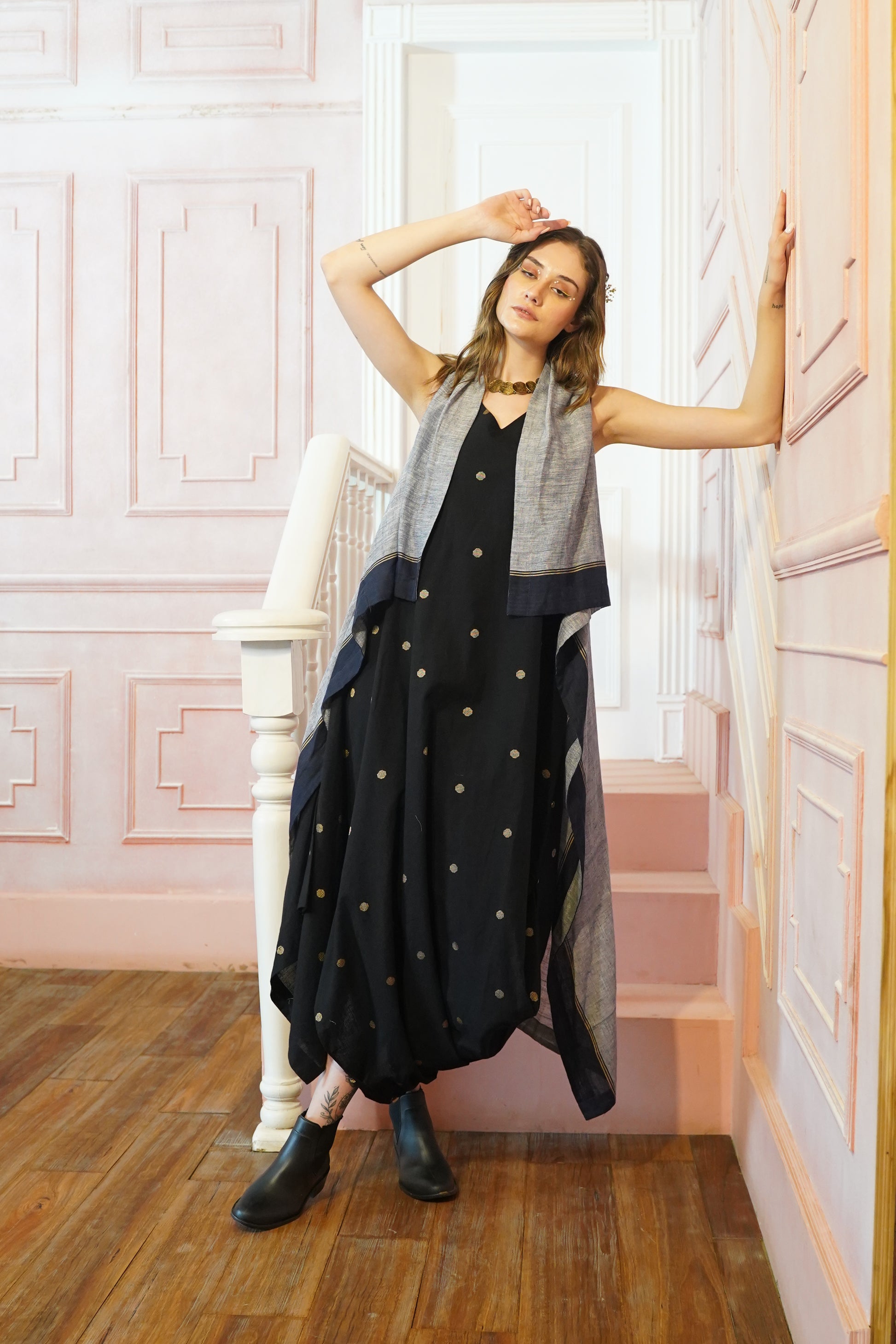 Terquois Navy Blue Polka Dot  with Grey LInen Jacket  Dress  Terquois Klothing   