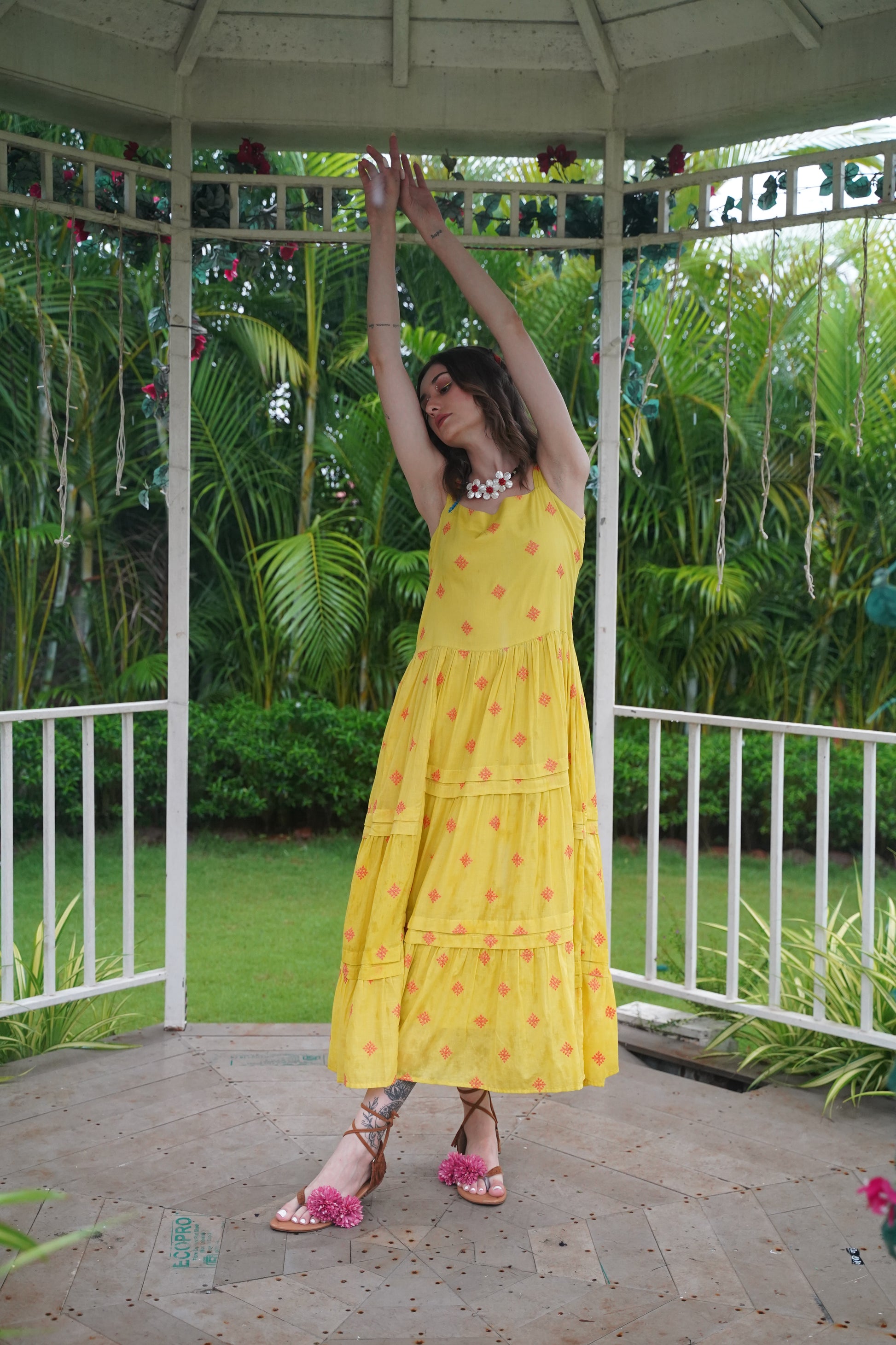Terquois Cotton Strappy Yellow Dress With Embroidery Dresses TERQUOIS   