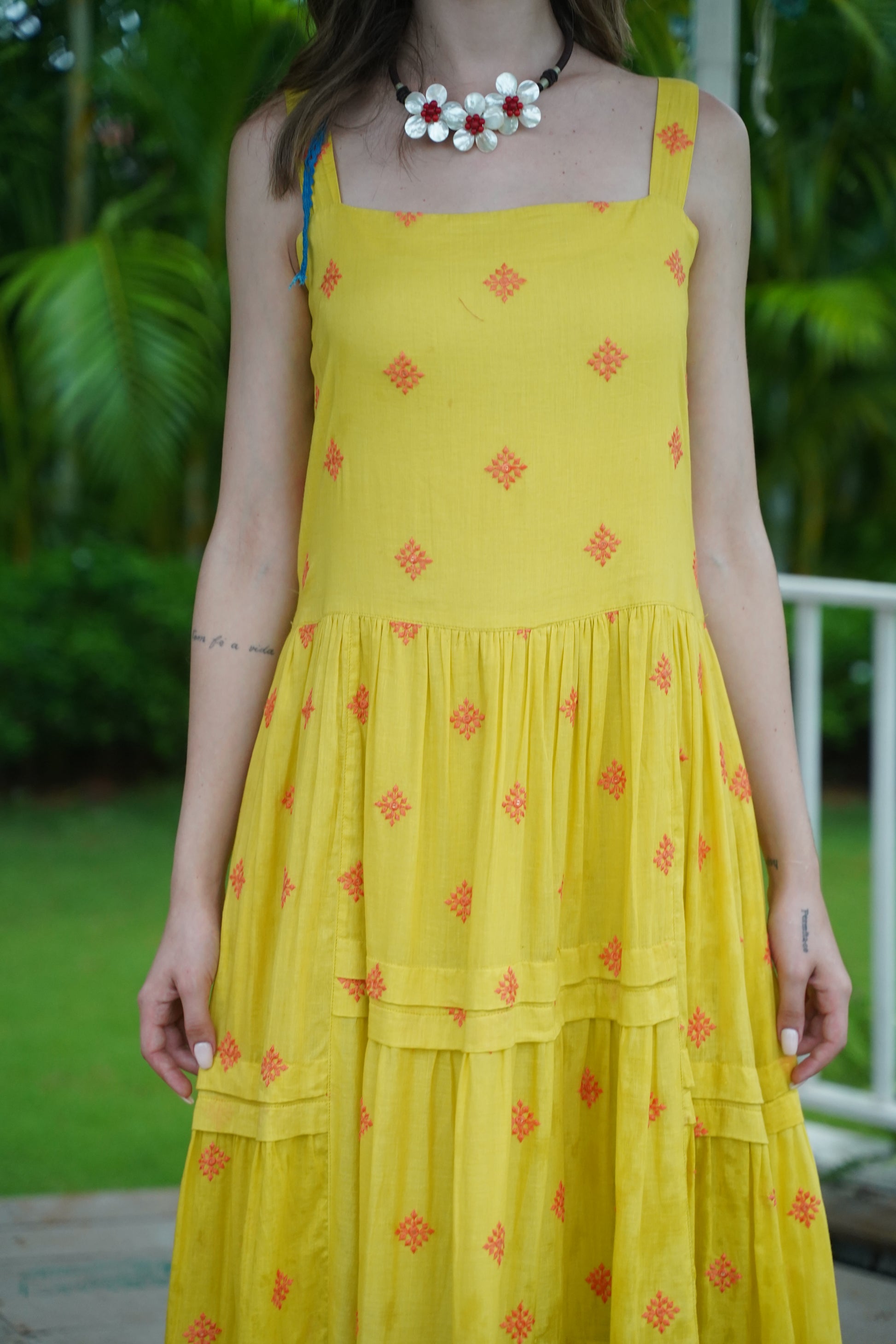 Terquois Cotton Strappy Yellow Dress With Embroidery Dresses TERQUOIS   