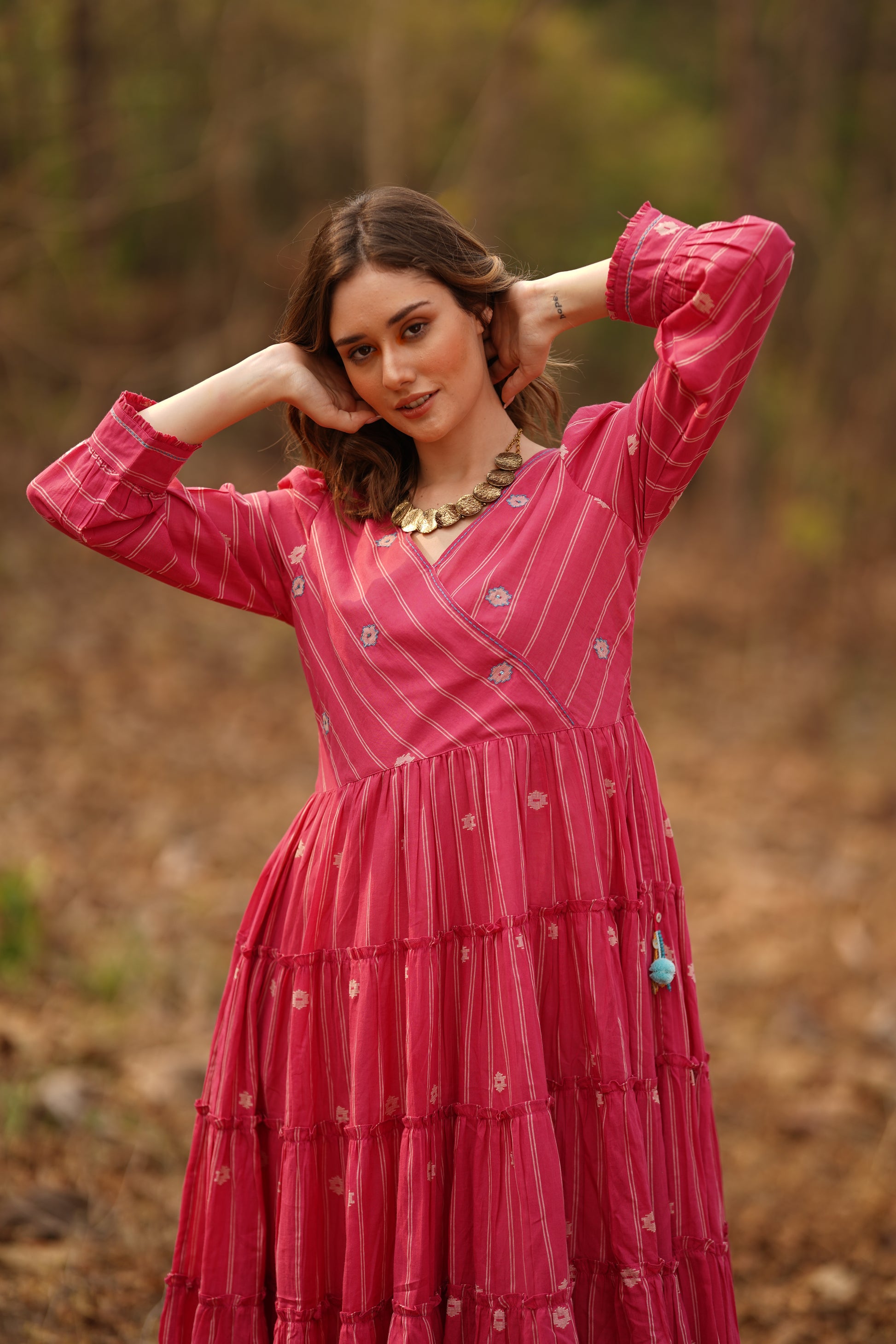 Terquois Yarn Dyed Dobby Embroidered Pink Dress Dresses TERQUOIS   