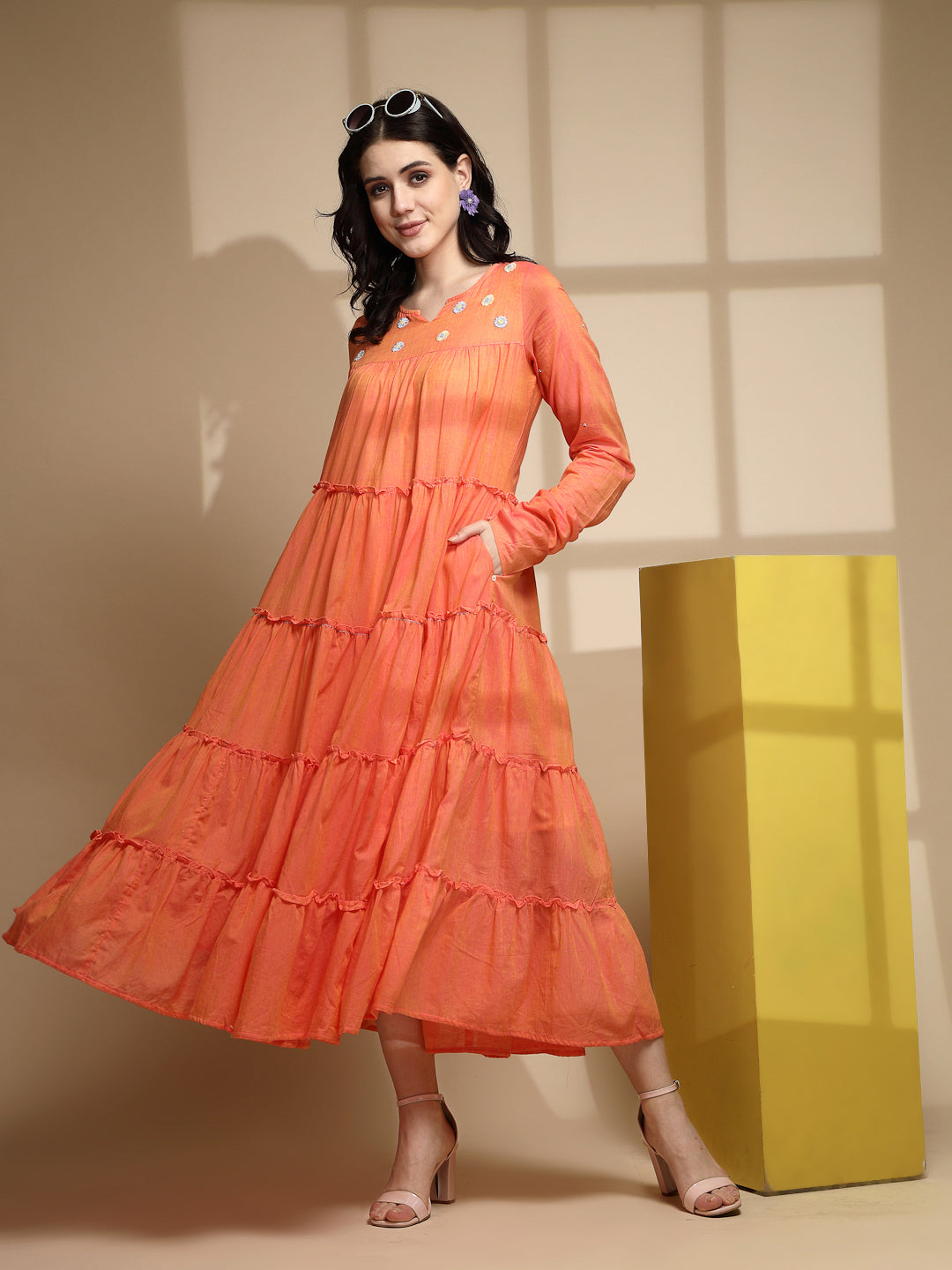 Terquois Fresh Orange Yarn Dyed Mulmul  Tiered Dress Dresses TERQUOIS   