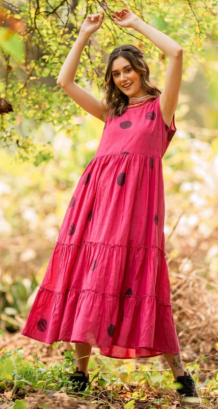 Terquois Magenta  Tiered Dress with Polkas Dresses TERQUOIS   