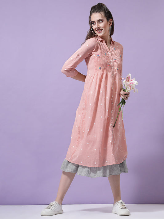 Terquois Peach Pleated Cotton Mal Tiered Self Design Casual Dress with Shirt Collar Dresses TERQUOIS   