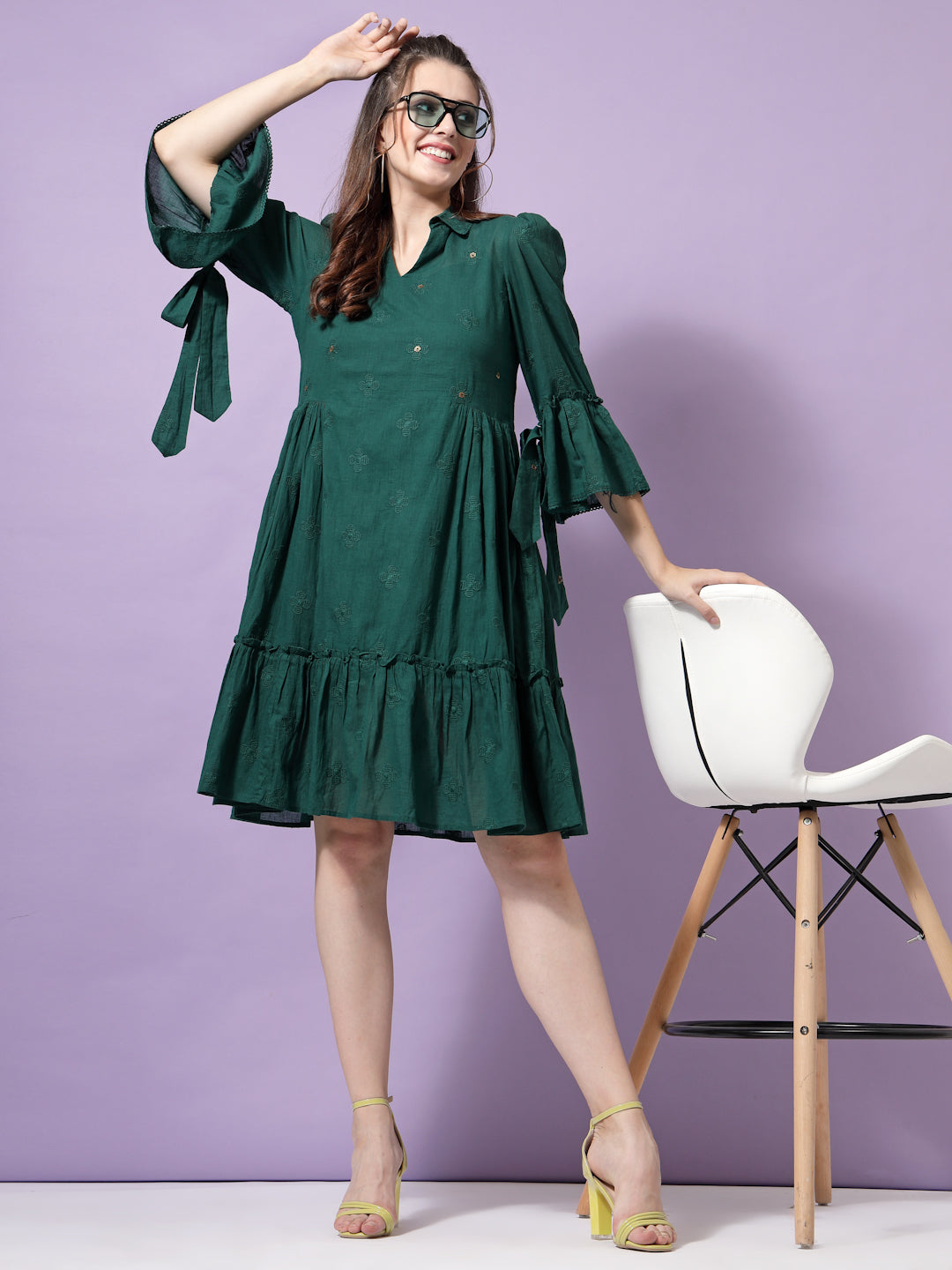 Terquois Casual Dress with Unique Collar Neck,Ruffles and Gathers Dresses TERQUOIS S Green 