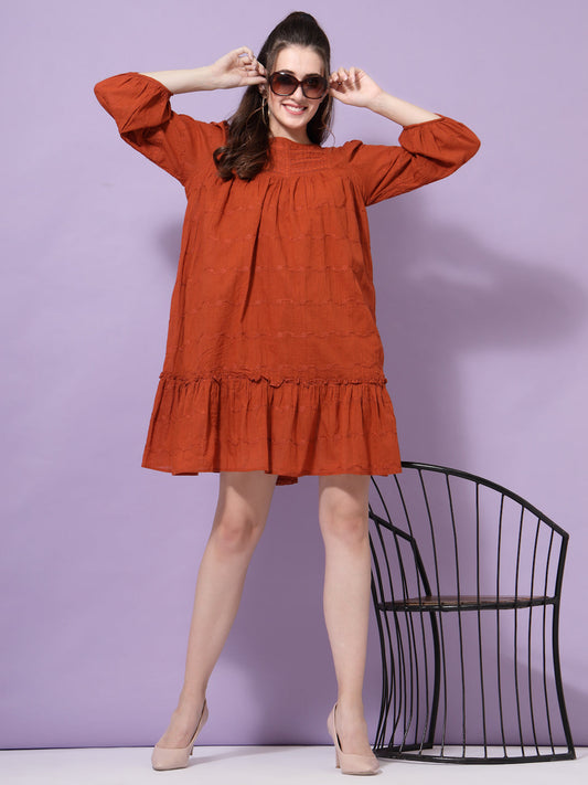 Terquois A-line Casual Dress Emblished with Lace Has Round Neck Dresses Terquois Klothing S Rust 