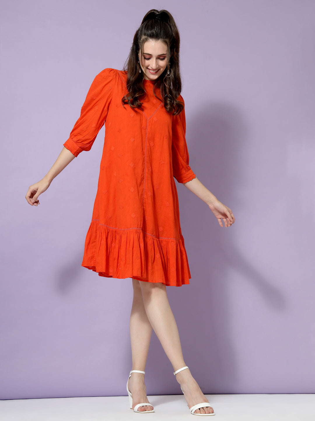 Terquois Stylish A-line Casual Dress Emblished with Lace and Has Ruffle Round Neck Dresses TERQUOIS S Orange 