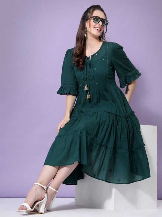 Terquois Embroidered Woven Dress with Lace,Tie-Up neck and Fashion sleeves Dresses TERQUOIS S Green 