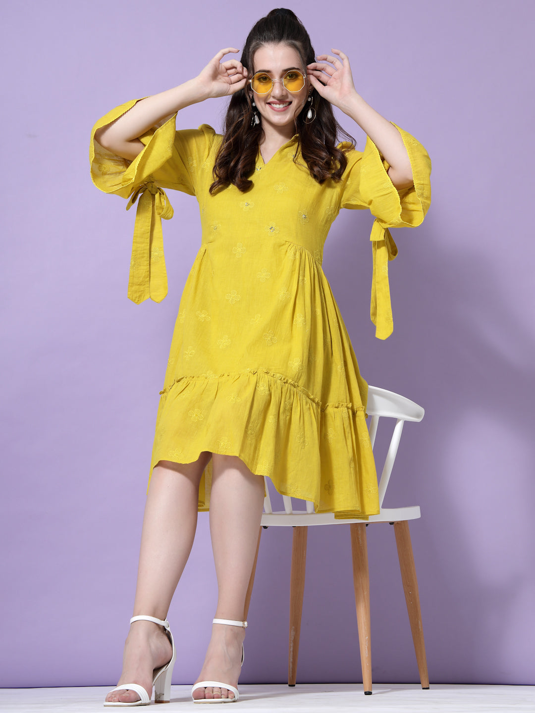 Terquois Casual Dress with Unique Collar Neck,Ruffles and Gathers Dresses TERQUOIS S Yellow 