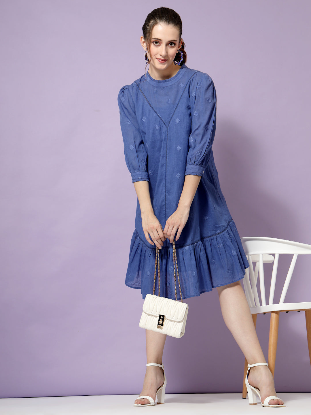 Terquois Stylish A-line Casual Dress Emblished with Lace and Has Ruffle Round Neck Dresses TERQUOIS S Blue 