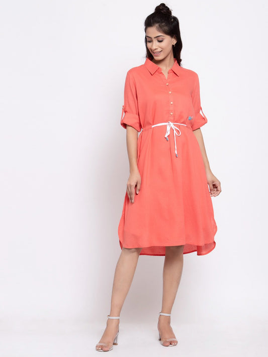Terquois classic embroided casual linen tieup dress Dresses TERQUOIS S Orange 