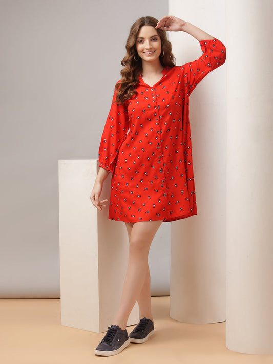 Terquois Red Floral Printed Casual V- Neck Shirt Dress Dresses TERQUOIS   
