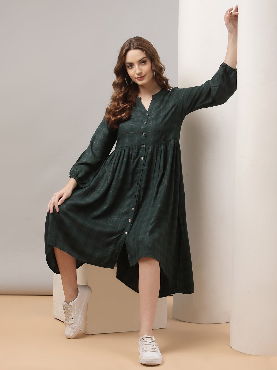 Terquois Green Checks A-Line Dress Dresses TERQUOIS   