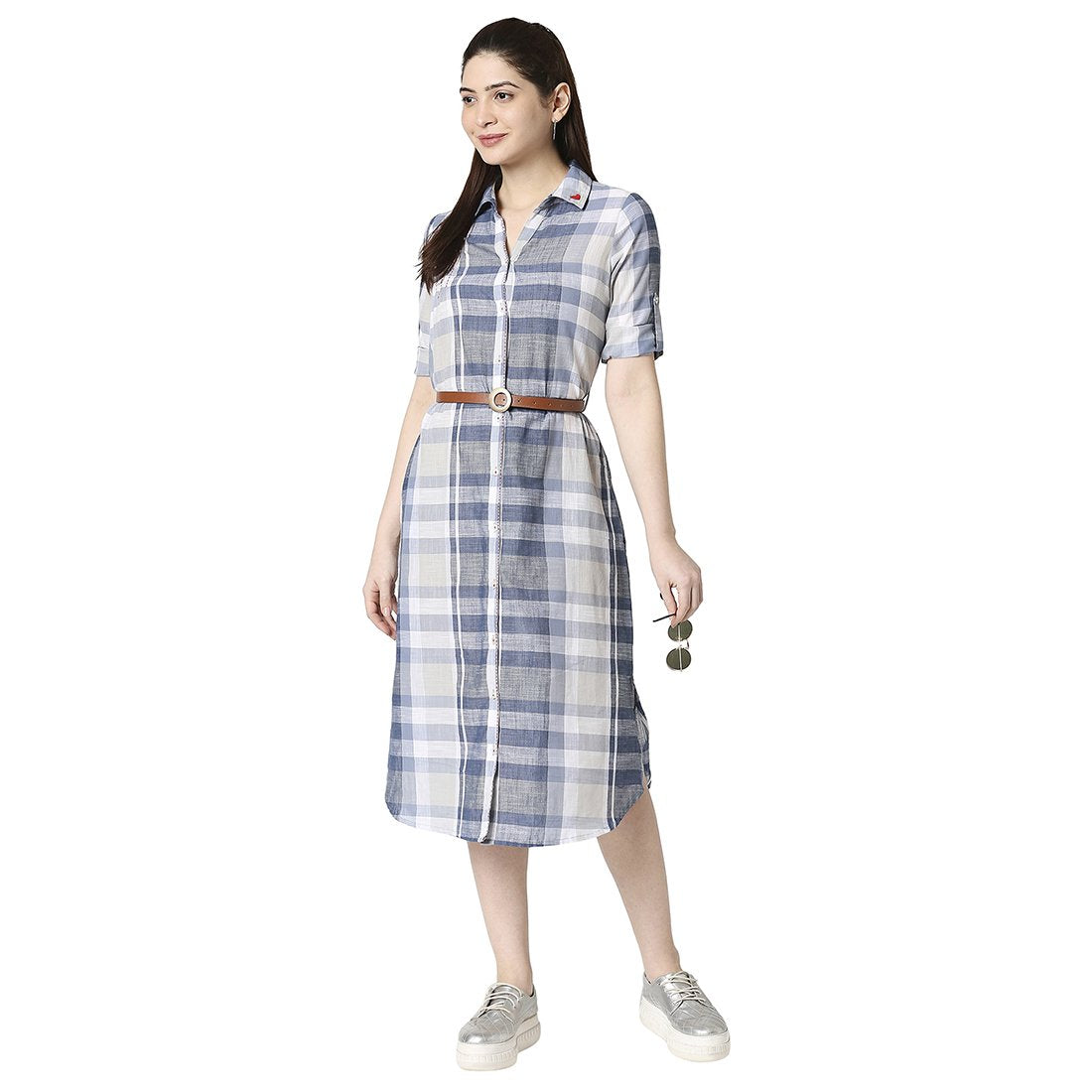 Terquois classic checked high low casual belted dress Dresses TERQUOIS   