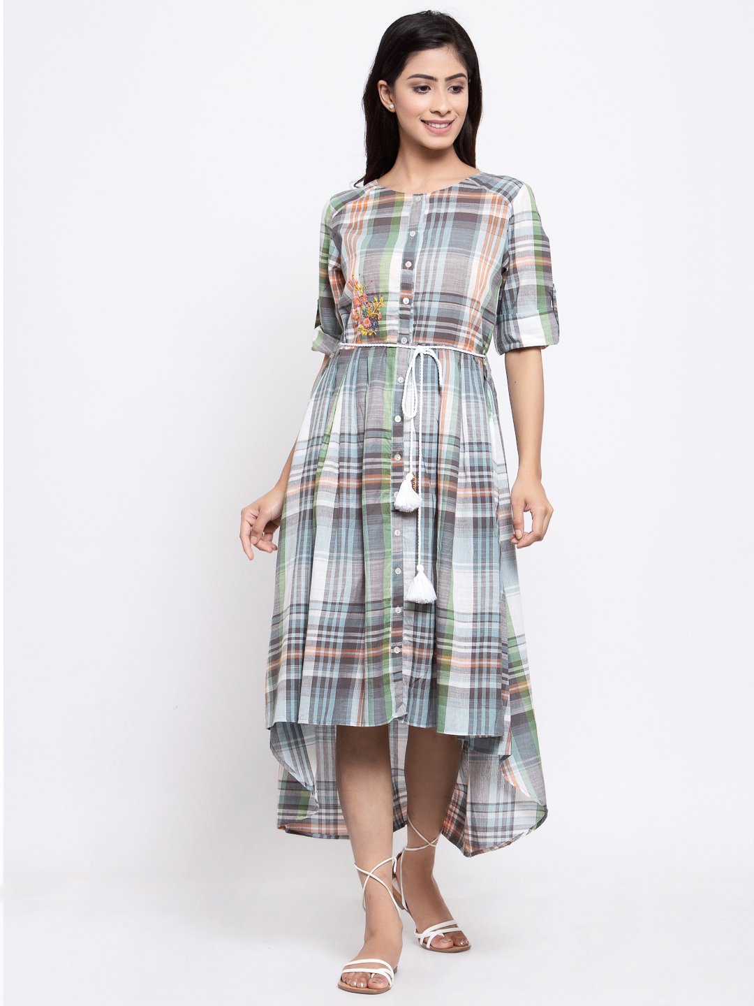 Terquois Checkered High Low Casual Dress With Braided Belt Dresses TERQUOIS   