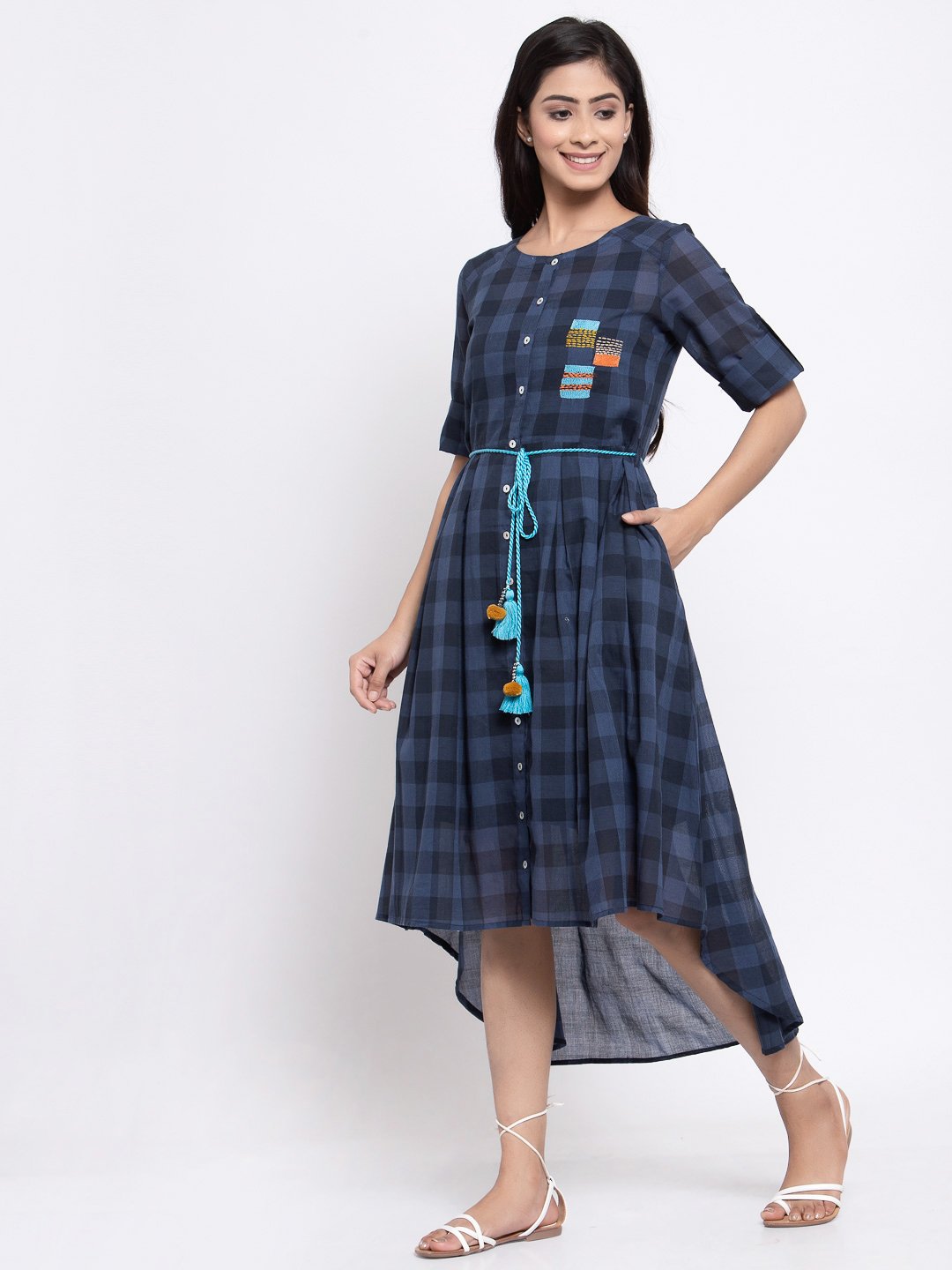 Terquois Vintage High Low Embroidered Casual dress With Hand Made Braided Belt Dresses TERQUOIS   