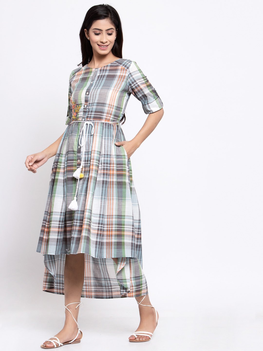Terquois Checkered High Low Casual Dress With Braided Belt Dresses TERQUOIS   