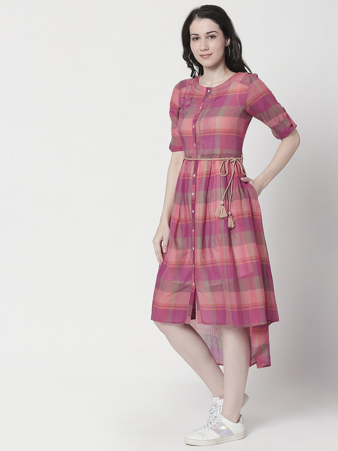 Terquois vintage checks high low dress with braided belt Dresses TERQUOIS   