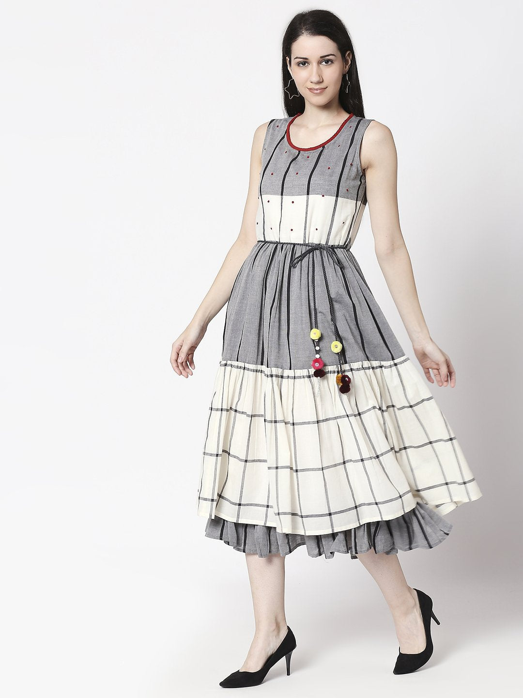 Terquois classic stripe & checks layered dress with braided belt Dresses TERQUOIS   