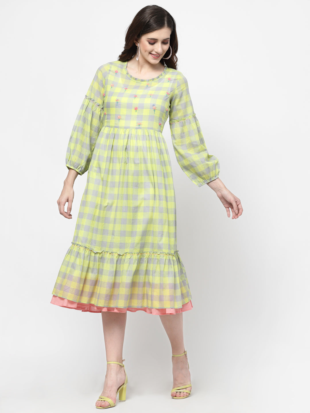 Terquois Embroidered Self Design Green Checkered Casual Dress Dresses TERQUOIS   