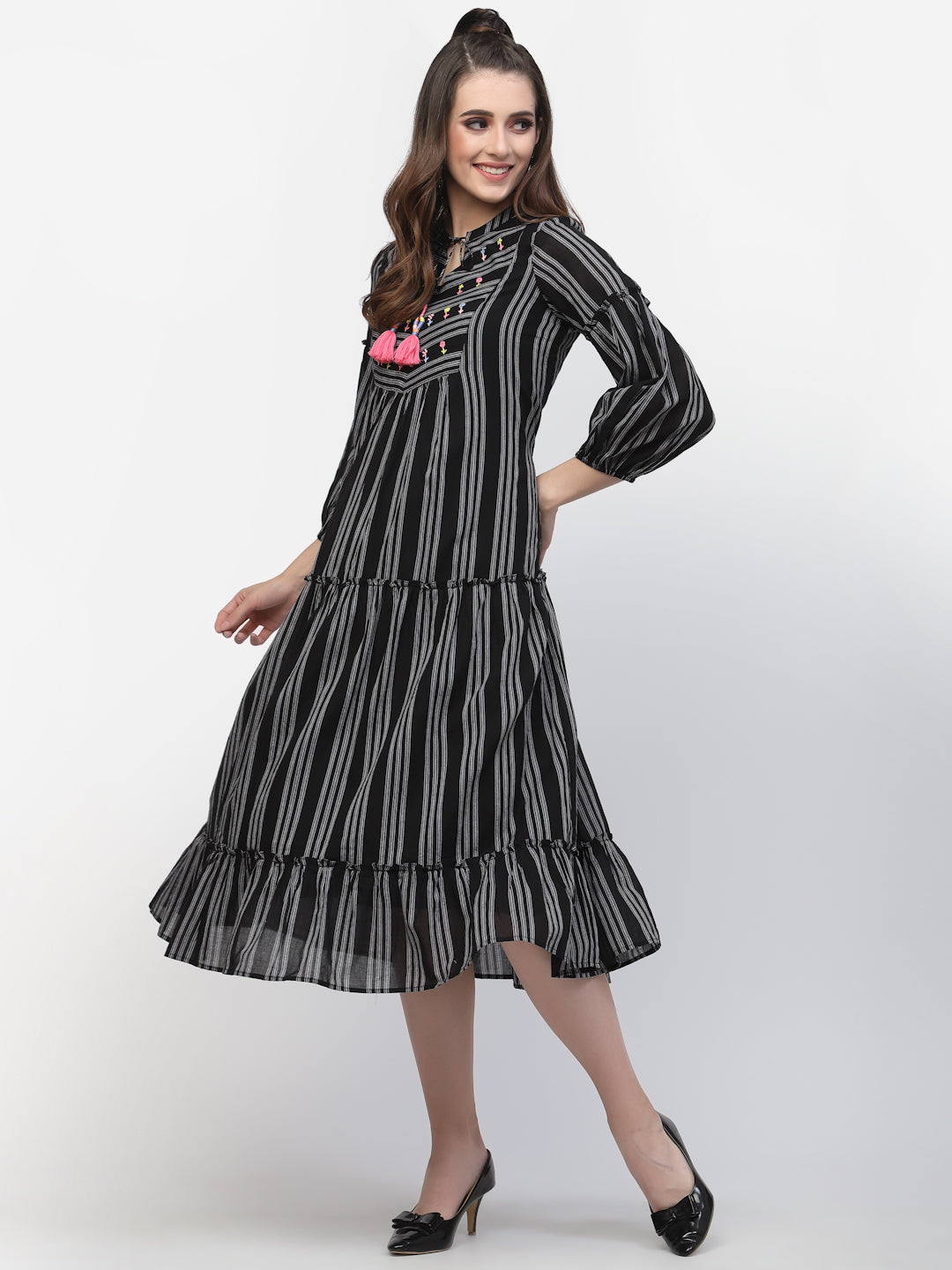 Terquois Black stripes with Tie-Up neck and Three quarter sleeves Dresses TERQUOIS   
