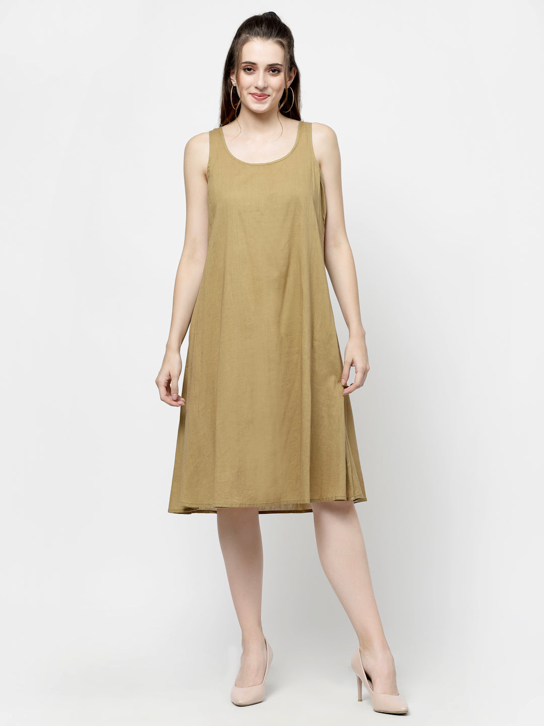Terquois Beige Woven A-line Dress with Ruffle detail and has a Round-neck Dresses TERQUOIS   