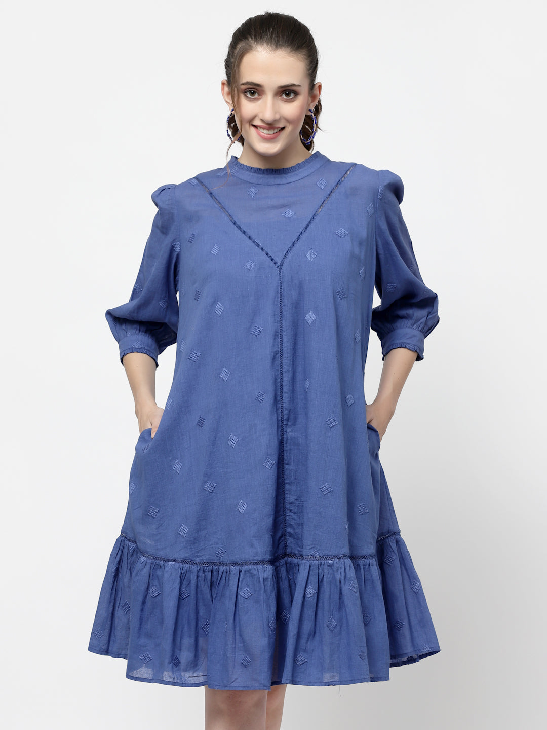 Terquois Stylish A-line Casual Dress Emblished with Lace and Has Ruffle Round Neck Dresses TERQUOIS   