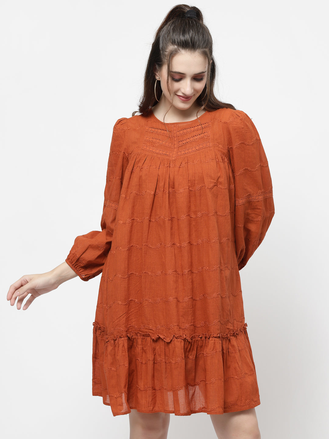 Terquois A-line Casual Dress Emblished with Lace Has Round Neck Dresses Terquois Klothing   