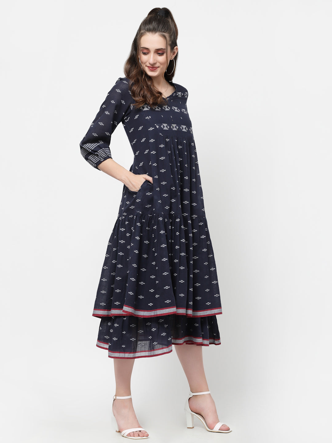 Terquois Navyblue Self-Design Dobby Double layered Casual Dress Dresses TERQUOIS   