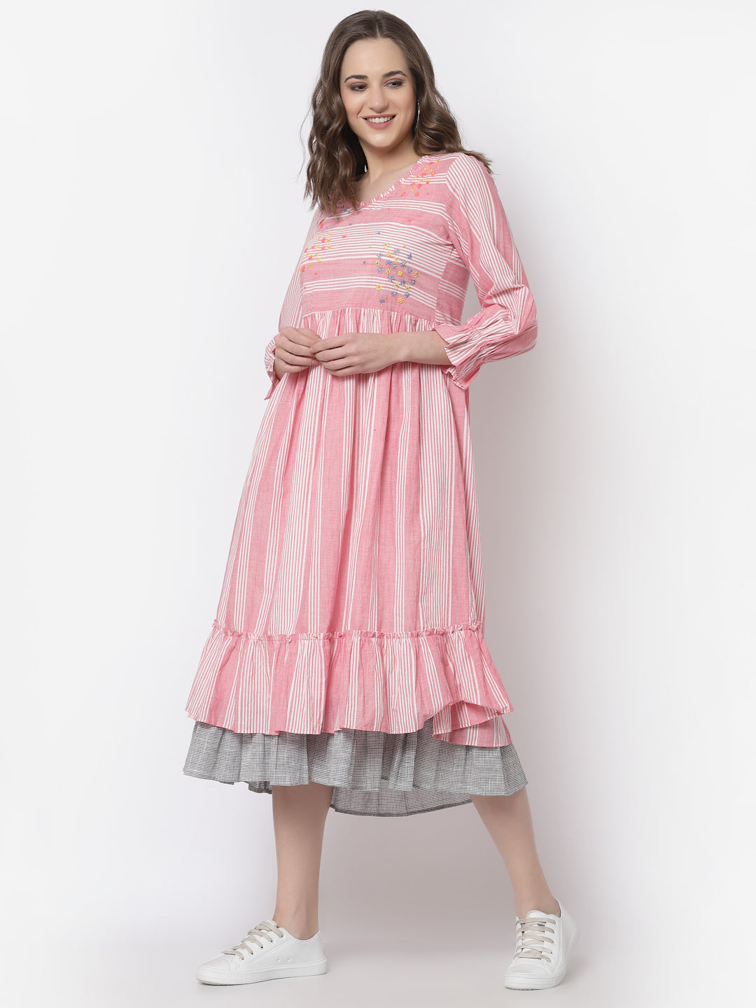 Terquois Pink stripes A-Line casual dress  with hand embroidery Dresses TERQUOIS   