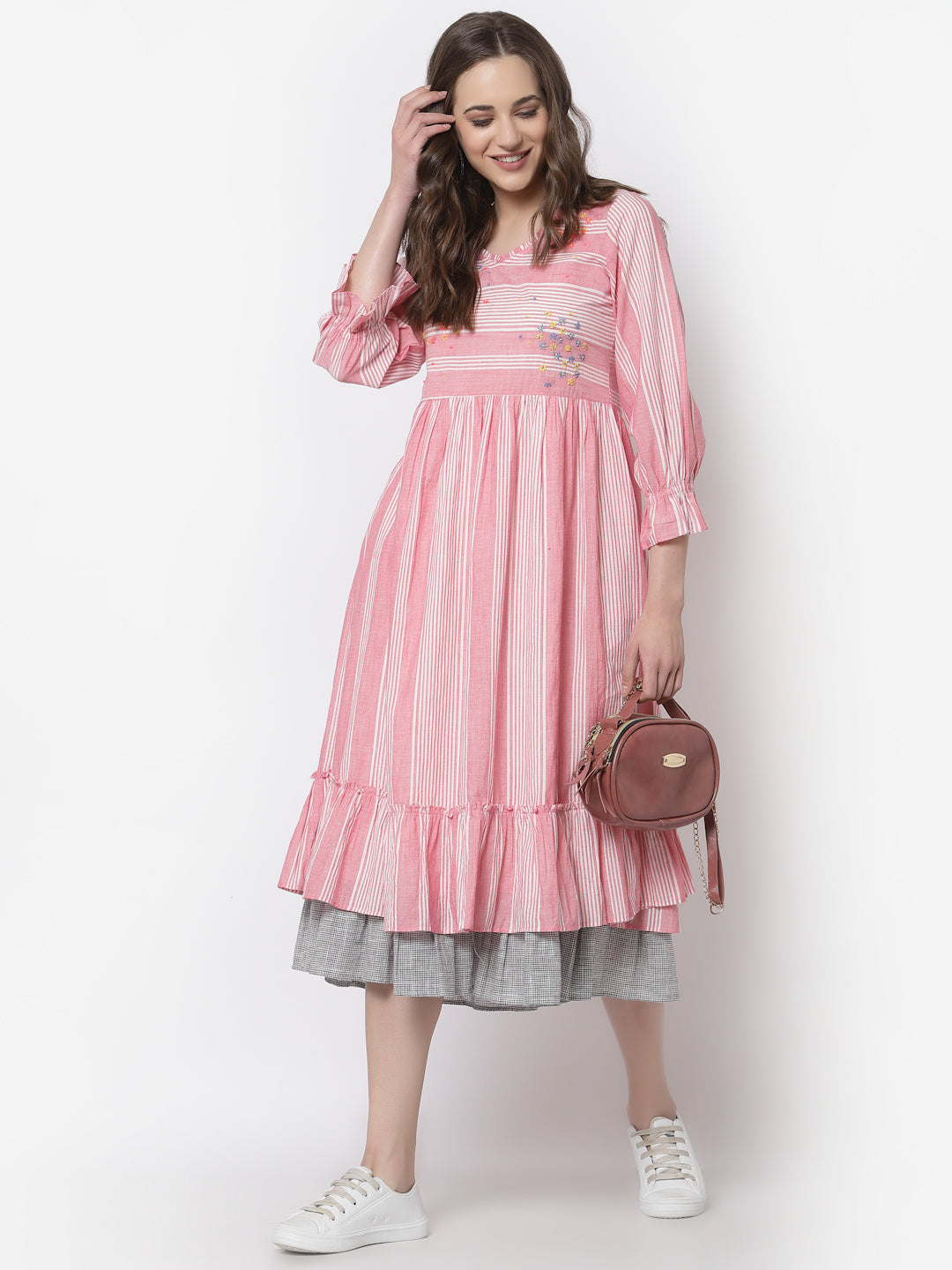 Terquois Pink stripes A-Line casual dress  with hand embroidery Dresses TERQUOIS   