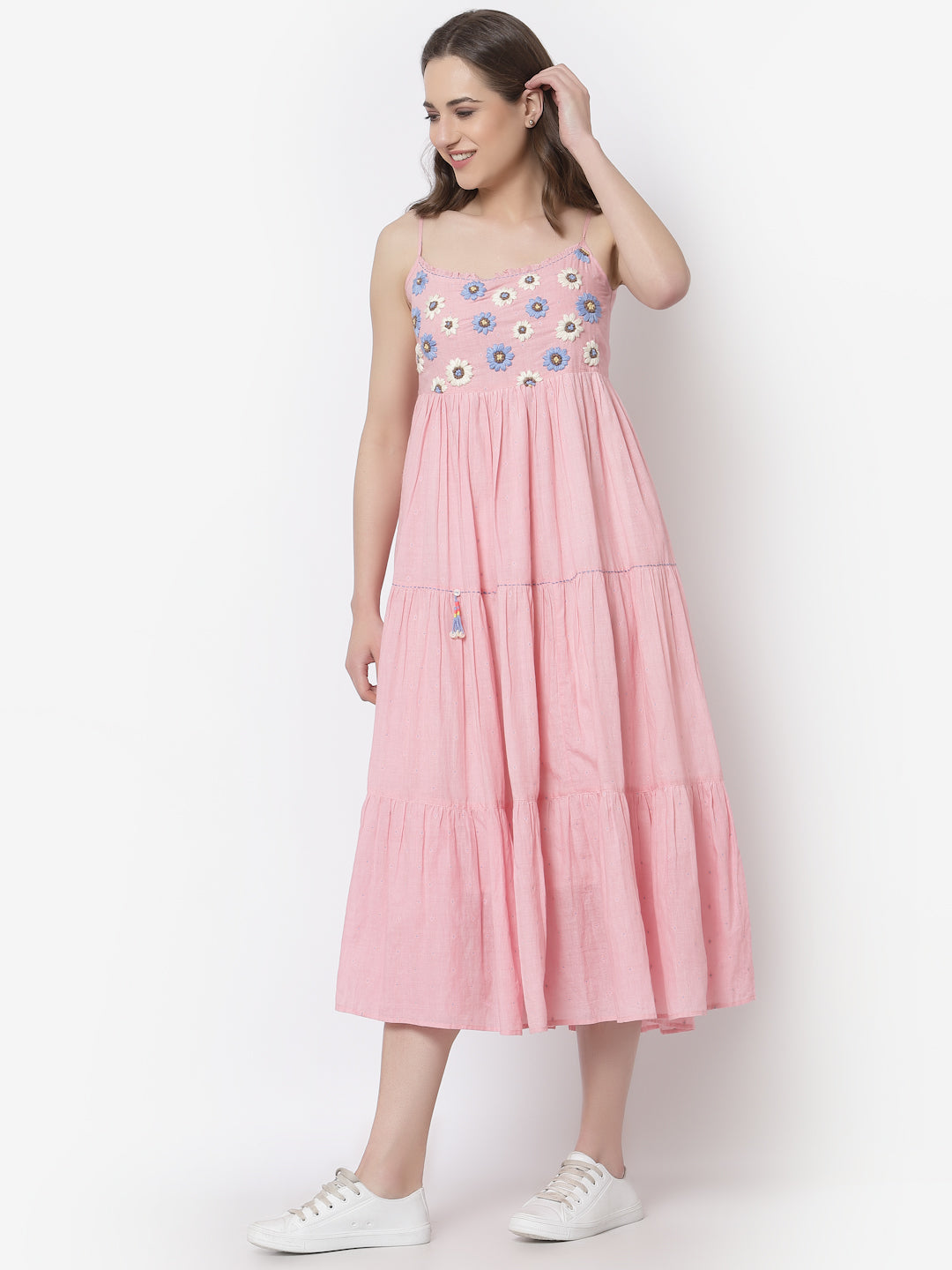 Terquois Pink Cotton Casual Shoulder Straps Dress Emblished with Hand Embroidery Dresses TERQUOIS   