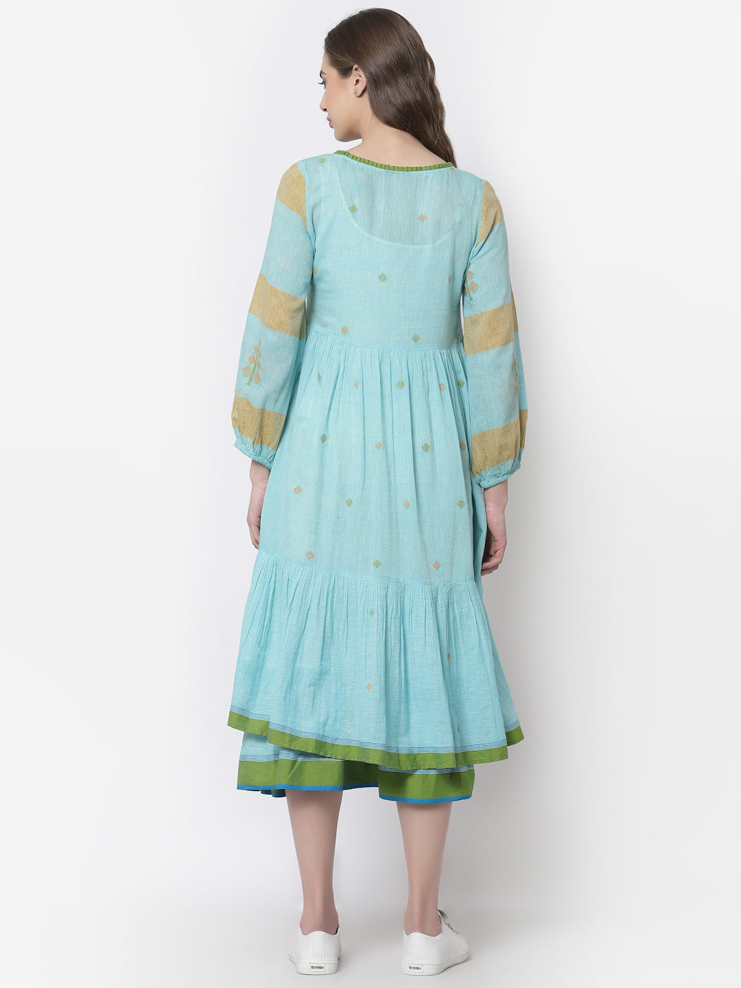 Terquois Blue Dobby Two Layered Casual Dress With Round-Neck Dresses TERQUOIS   