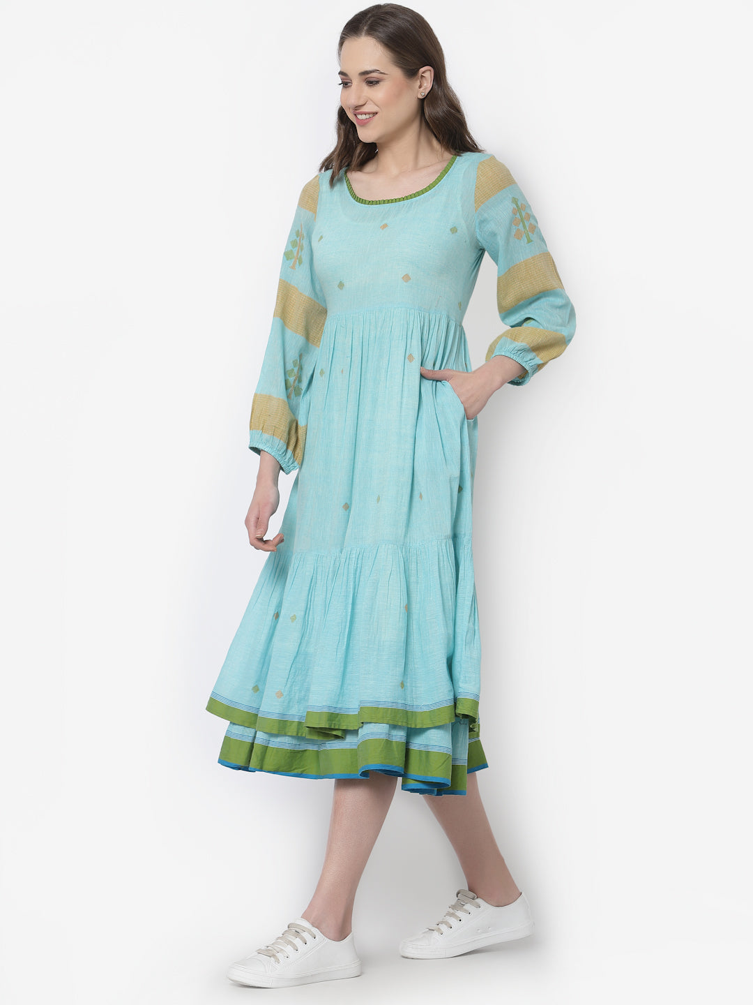 Terquois Blue Dobby Two Layered Casual Dress With Round-Neck Dresses TERQUOIS   