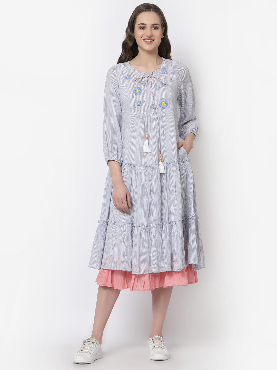 Terquois stripes casual dress with round tie-up neck Dresses TERQUOIS   
