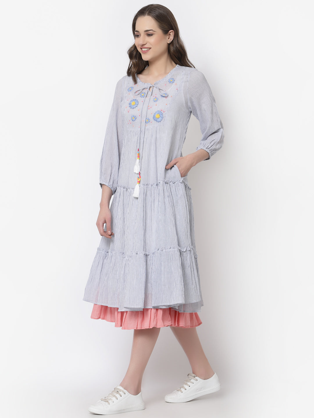 Terquois stripes casual dress with round tie-up neck Dresses TERQUOIS   