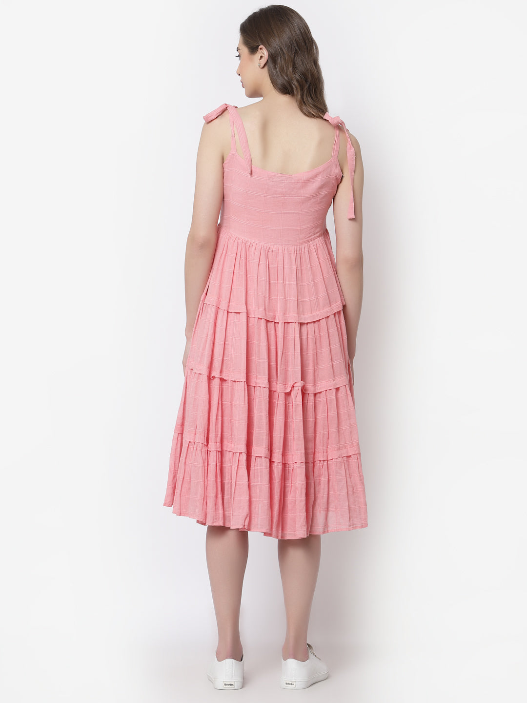 Terquois Self Checked Tiered Casual Dress With Tie-Ups Dresses TERQUOIS   